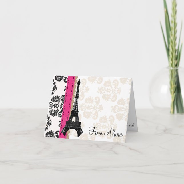 HOT PINK AND BLACK DAMASK EIFFEL TOWER THANK YOU TACK KORT (Framsida)