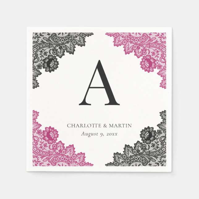 Hot Pink and Black Floral Lace Monogram Wedding Pappersservett (Framsidan)