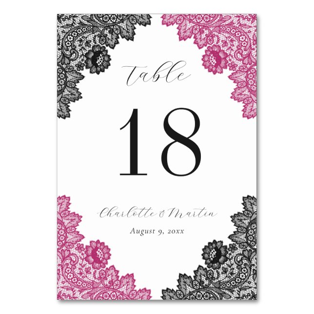 Hot Pink and Black Floral Lace Wedding Bordsnummer (Framsidan)