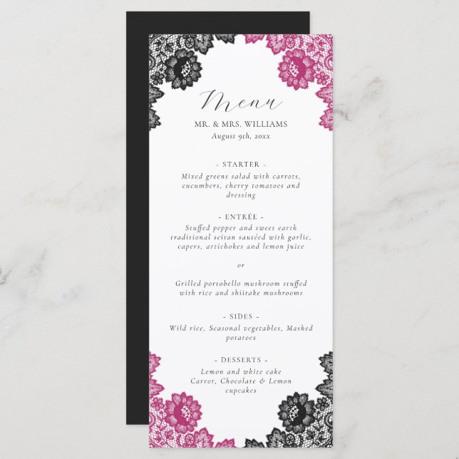 Hot Pink and Black Floral Lace Wedding Meny (Fram/baksida)