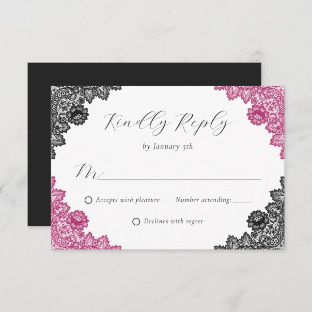 Hot Pink and Black Floral Lace Wedding OSA Kort (Fram/baksida)