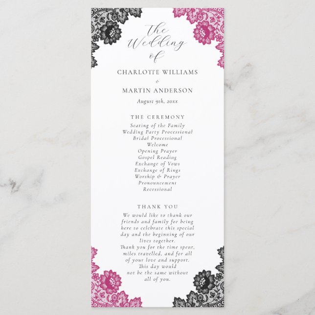Hot Pink and Black Floral Lace Wedding Program (Framsida)