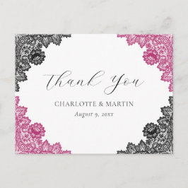 Hot Pink and Black Floral Lace Wedding Thank You Vykort