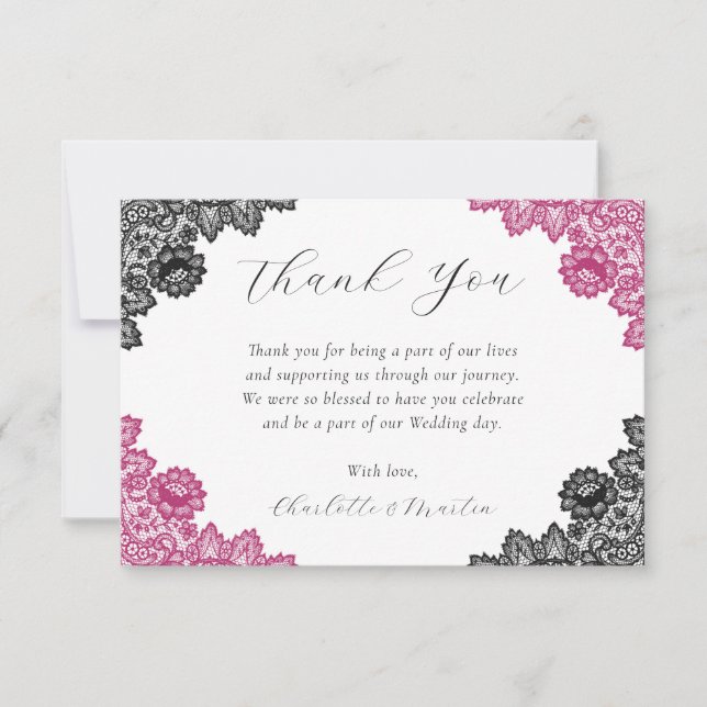 Hot Pink and Black Rustic Floral Lace Wedding Tack Kort (Framsida)