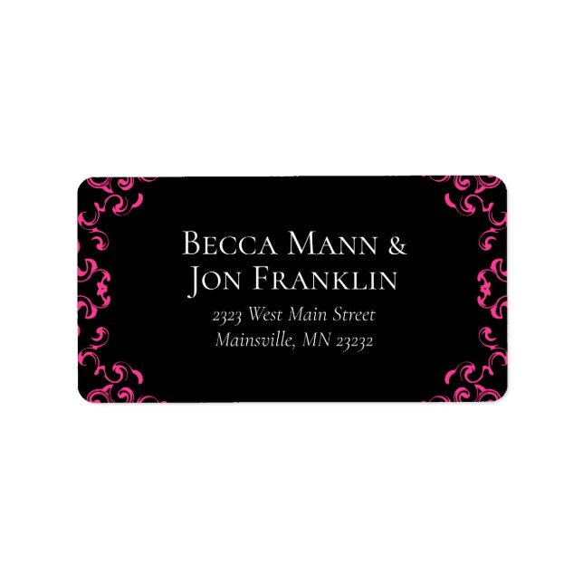 Hot Pink and Black Swirl Gothic Wedding Adressetikett (Framsidan)