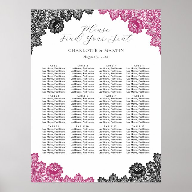 Hot Pink and Black Wedding Seating Chart 12 Poster (Framsidan)