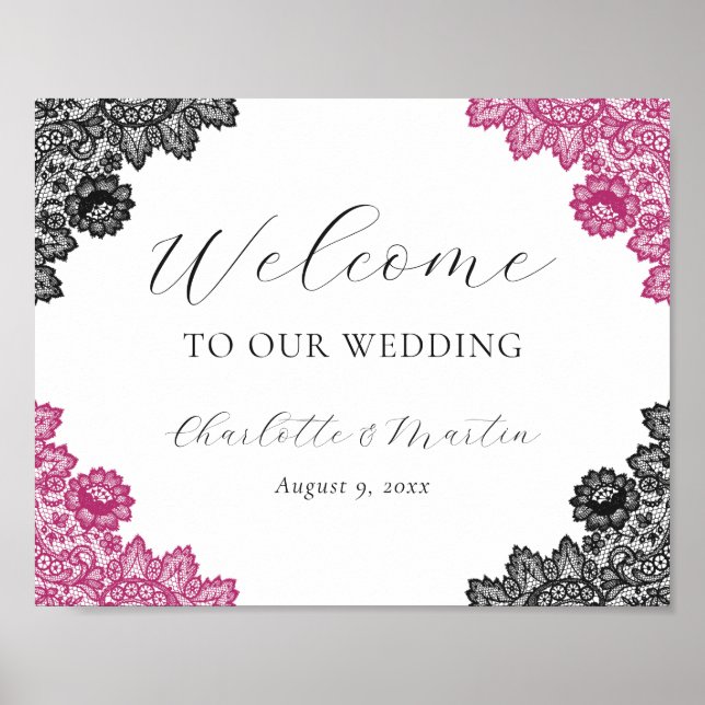 Hot Pink and Black Wedding Welcome Sign Poster (Framsidan)