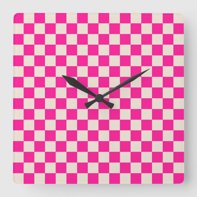 Hot pink and tan checkerboard pattern fyrkantig klocka (Framsida)