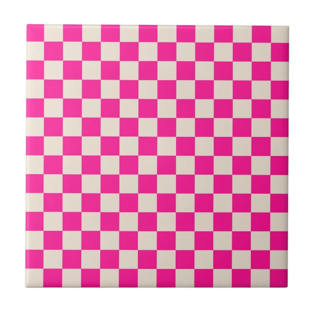 Hot pink and tan checkerboard pattern kakelplatta (Framsidan)