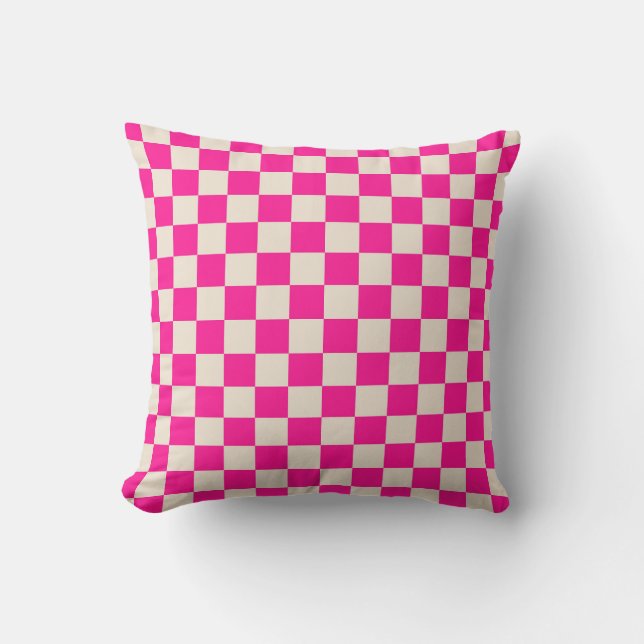Hot pink and tan checkerboard pattern kudde (Framsida)