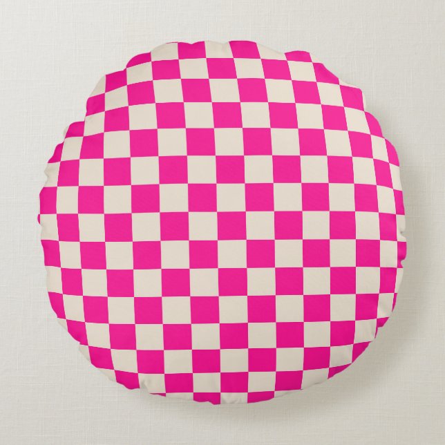 Hot pink and tan checkerboard pattern rund kudde (Framsidan)