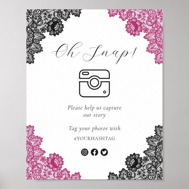 Hot Pink Black Oh Snap Social Media Wedding Sign Poster (Framsidan)