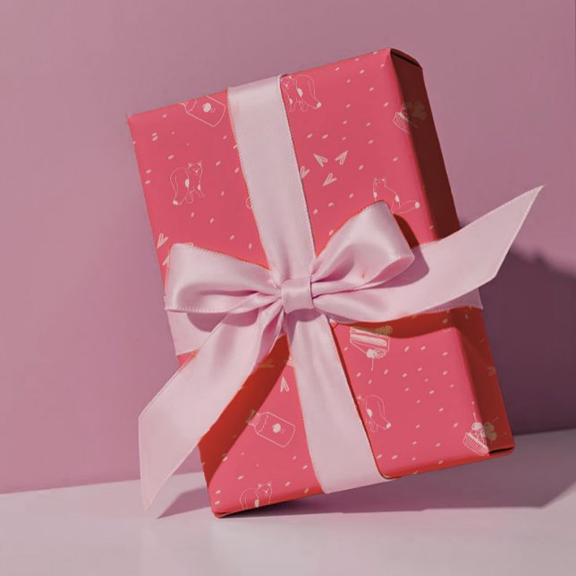 Hot Pink Cats, Cake & Cherries - Valentine Presentpapper (Skapare uppladdad)