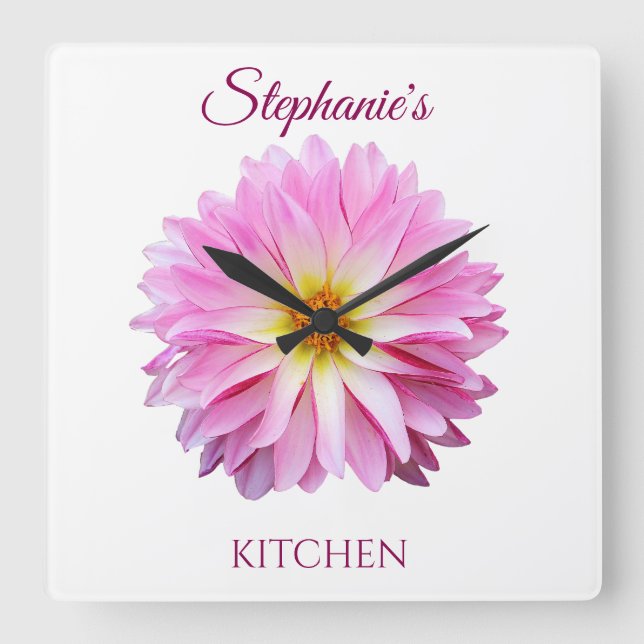 Hot Pink Dahlia Square Wall Clock Floral Fyrkantig Klocka (Framsida)