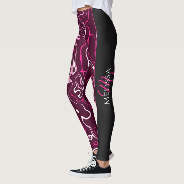 Hot pink damascus abstract swirls Custom Monogram Leggings (Vänster)