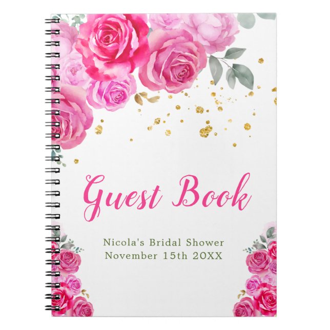 Hot Pink Floral Bridal Shower Guest Book Anteckningsbok (Framsidan)