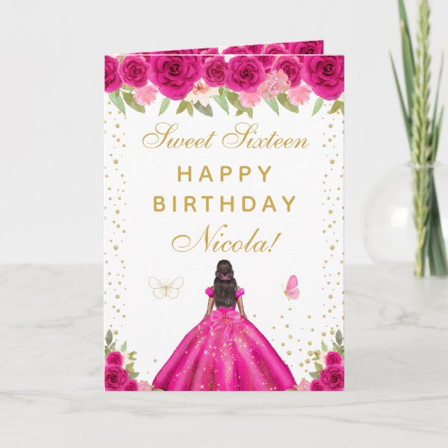 Hot Pink Floral Dark Skin Girl Sweet Sixteen Kort (Framsida)