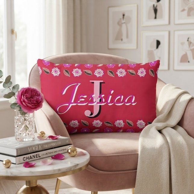 Hot Pink Floral Pattern Personalized Monogram  Lumbarkudde (Skapare uppladdad)