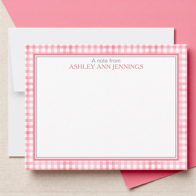 Hot Pink Gingham Check Border Personalized Anteckningskort (Classic gingham pattern notecard design with custom name And double border)