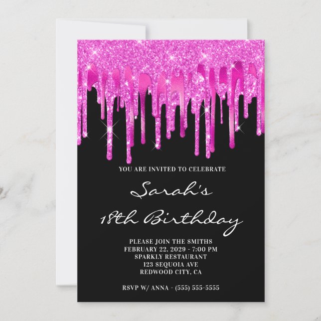 Hot Pink Glitter Foil Drips Black 18th Birthday Inbjudningar (Framsida)