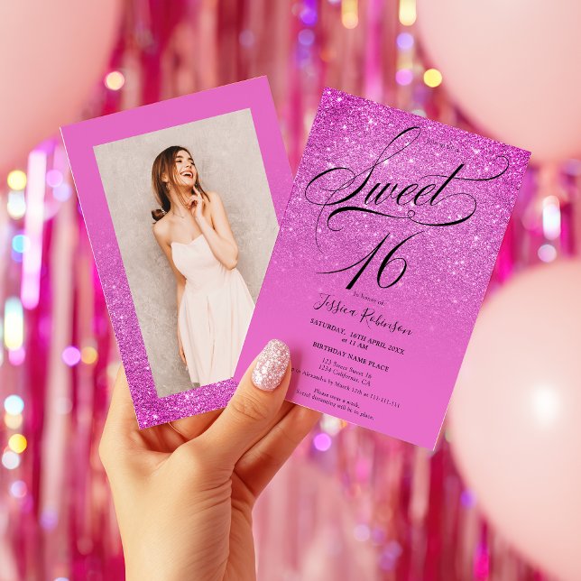 Hot Pink glitter ombre script  photo Sweet 16 Inbjudningar (Hot Pink glitter ombre script photo Sweet 16 Invitation)