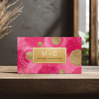 Hot Pink Gold Abstract Monogram Business Cards Visitkort
