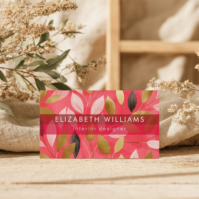 Hot Pink Gold Coral Boho Modern Botanical Visitkort (Skapare uppladdad)