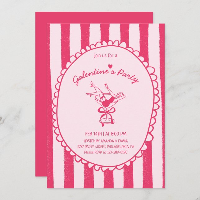 Hot Pink Hand Drawn Galentine's Day Party Inbjudningar (Fram/baksida)