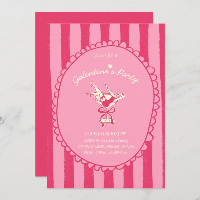 Hot Pink Hand Drawn Galentine's Day Party Inbjudningar (Fram/baksida)