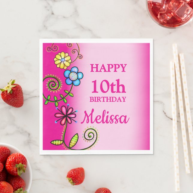 Hot Pink Hand-drawn Wildflowers Pappersservett (Insitu)