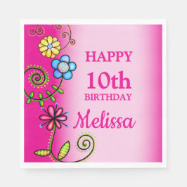 Hot Pink Hand-drawn Wildflowers Pappersservett