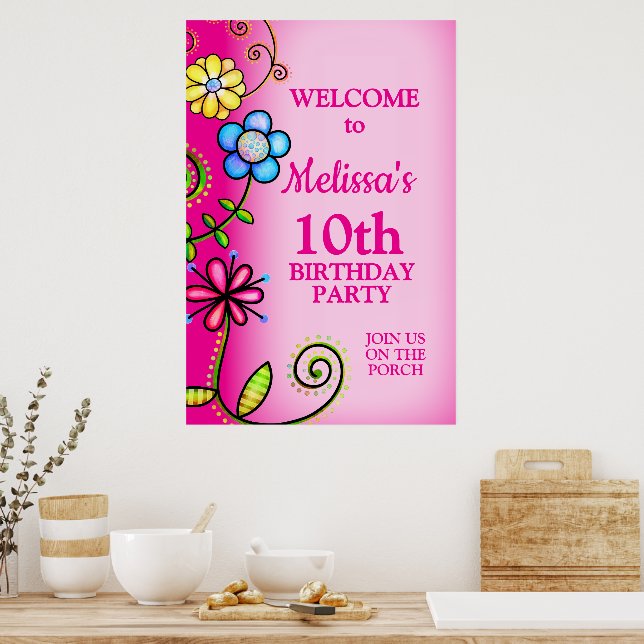 Hot Pink Hand-drawn Wildflowers Poster (Kök)