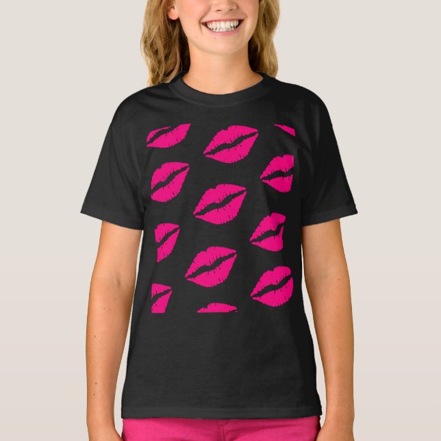 Hot Pink Lips Pattern Graphic T-Shirt (Framsida)