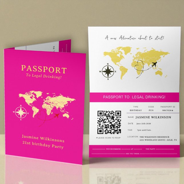 Hot Pink Passport Style 21st Birthday Party  Meddelande (colors can be changed just message with the color hex code you want and ill be happy to change it.)