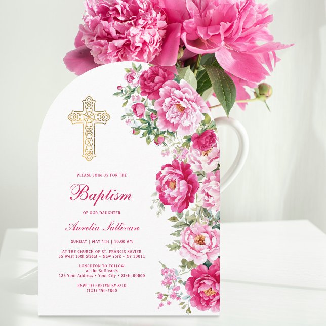 Hot Pink Peonies Arch Baptism Inbjudningar (Skapare uppladdad)
