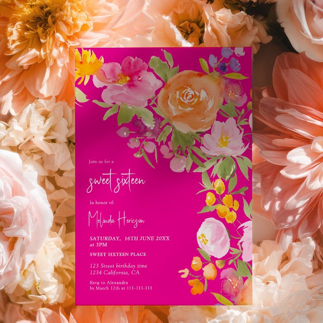 Hot Pink romantic summer floral sweet 16 Inbjudningar (Hot Pink romantic summer floral sweet 16 Invitation)