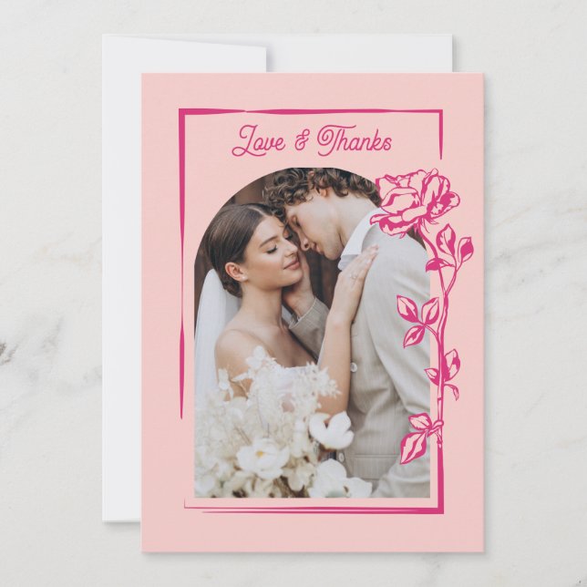 Hot Pink Rose Illustration Photo Wedding Tack Kort (Framsida)