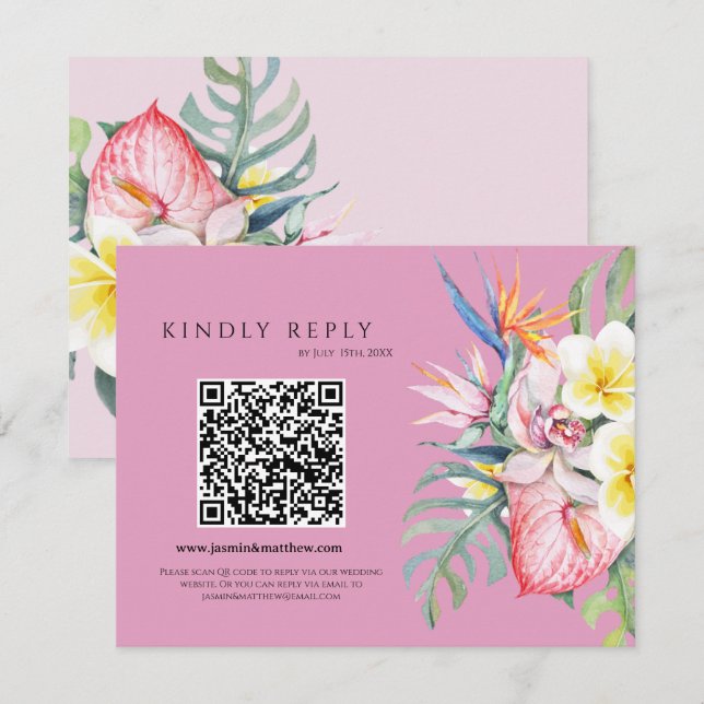 Hot Pink Tropical Floral Hawaii QR Code Wedding OSA Kort (Fram/baksida)