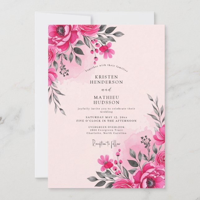 Hot Pink Watercolor Spring Wedding Inbjudningar (Framsida)