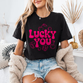 Hot Pink y2k Cherries and Dice Trendy Lucky You T Shirt
