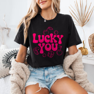 Hot Pink y2k Cherries and Dice Trendy Lucky You T Shirt