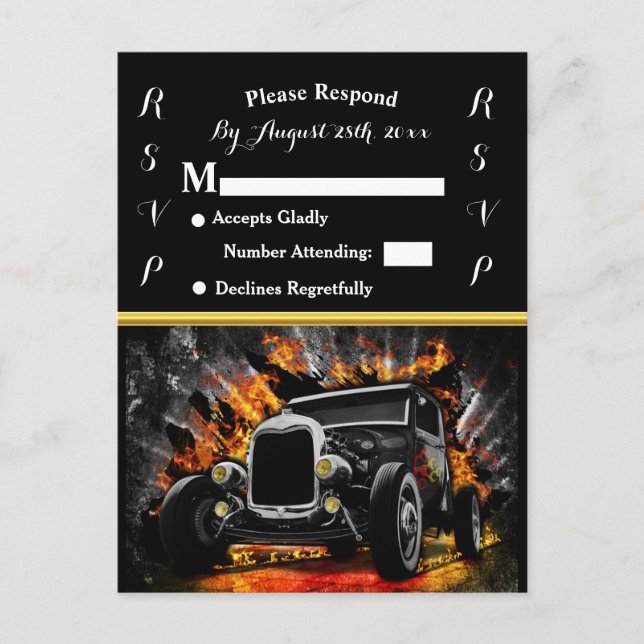 Hot Rod-fest fire bröllop RSVP Inbjudan Vykort (Framsida)