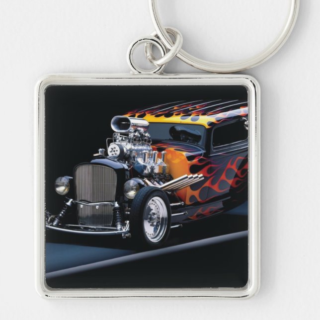 Hot rod fyrkantig silverfärgad nyckelring (Framsidan)