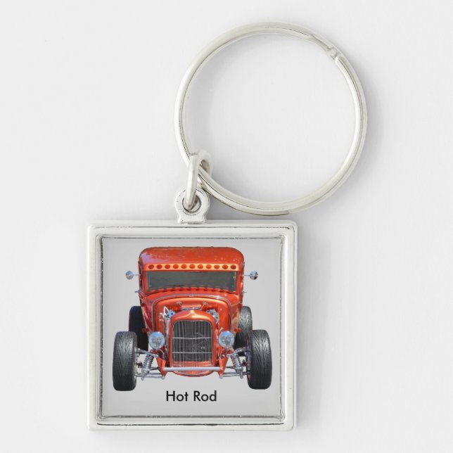 Hot rod fyrkantig silverfärgad nyckelring (Framsidan)