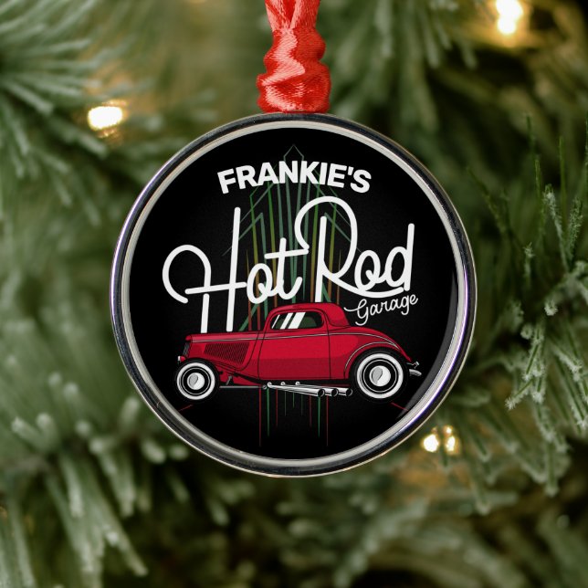 Hot rod Garage CUSTOM NAME Deluxe Streck bil Julgransprydnad Metall (Träd)
