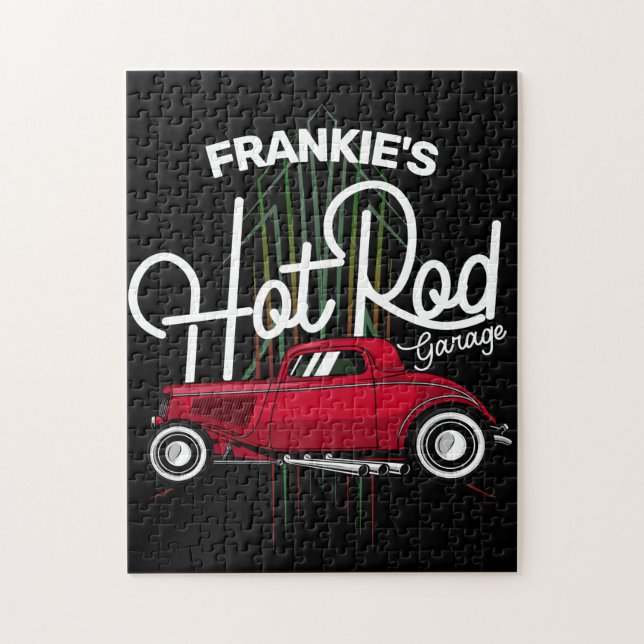 Hot rod Garage CUSTOM NAME Deluxe Streck bil Pussel (Vertikal)