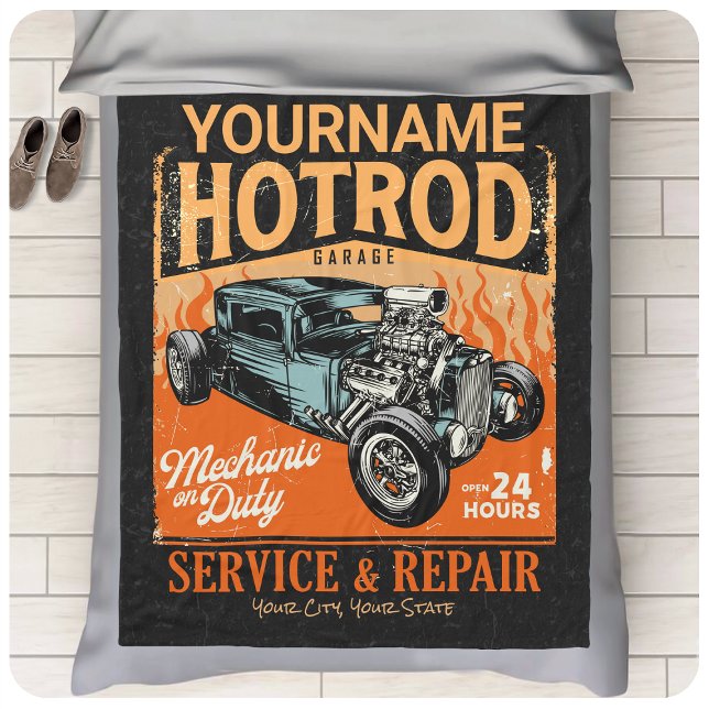 Hot Rod Garage Personalized NAME Mechanic Shop Fleecefilt (Skapare uppladdad)
