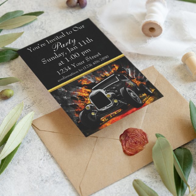Hot rod party brinner inbjudan med guld folie rand (Skapare uppladdad)