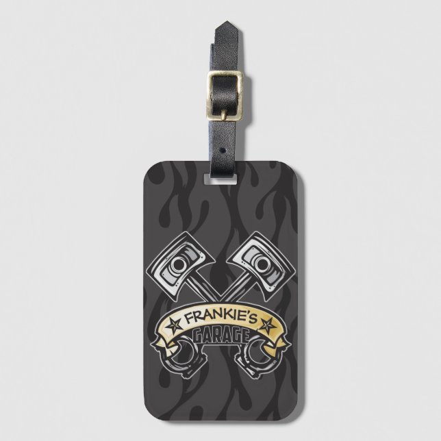 Hot rod Pistons Ghost Flames Custom NAME Garage Bagagebricka (Framsida vertikal)