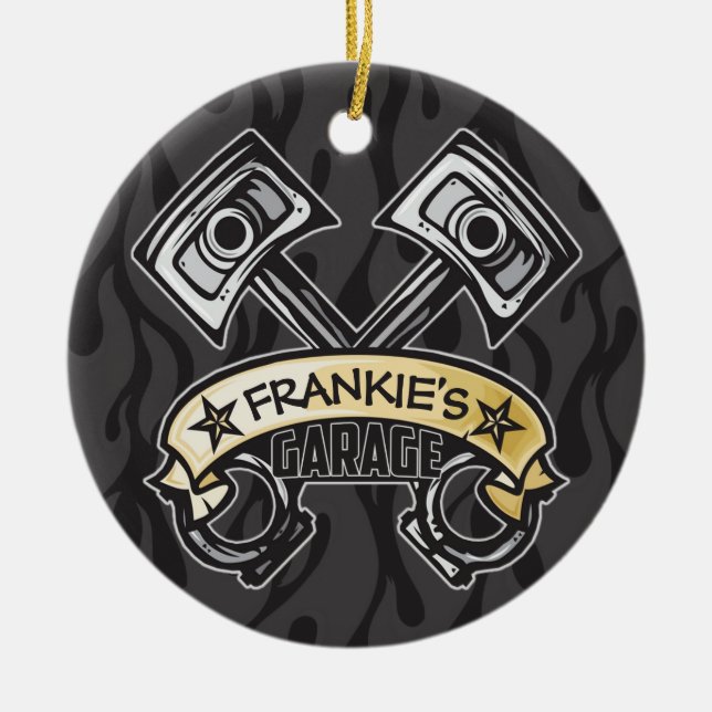 Hot rod Pistons Ghost Flames Custom NAME Garage Julgransprydnad Keramik (Framsidan)